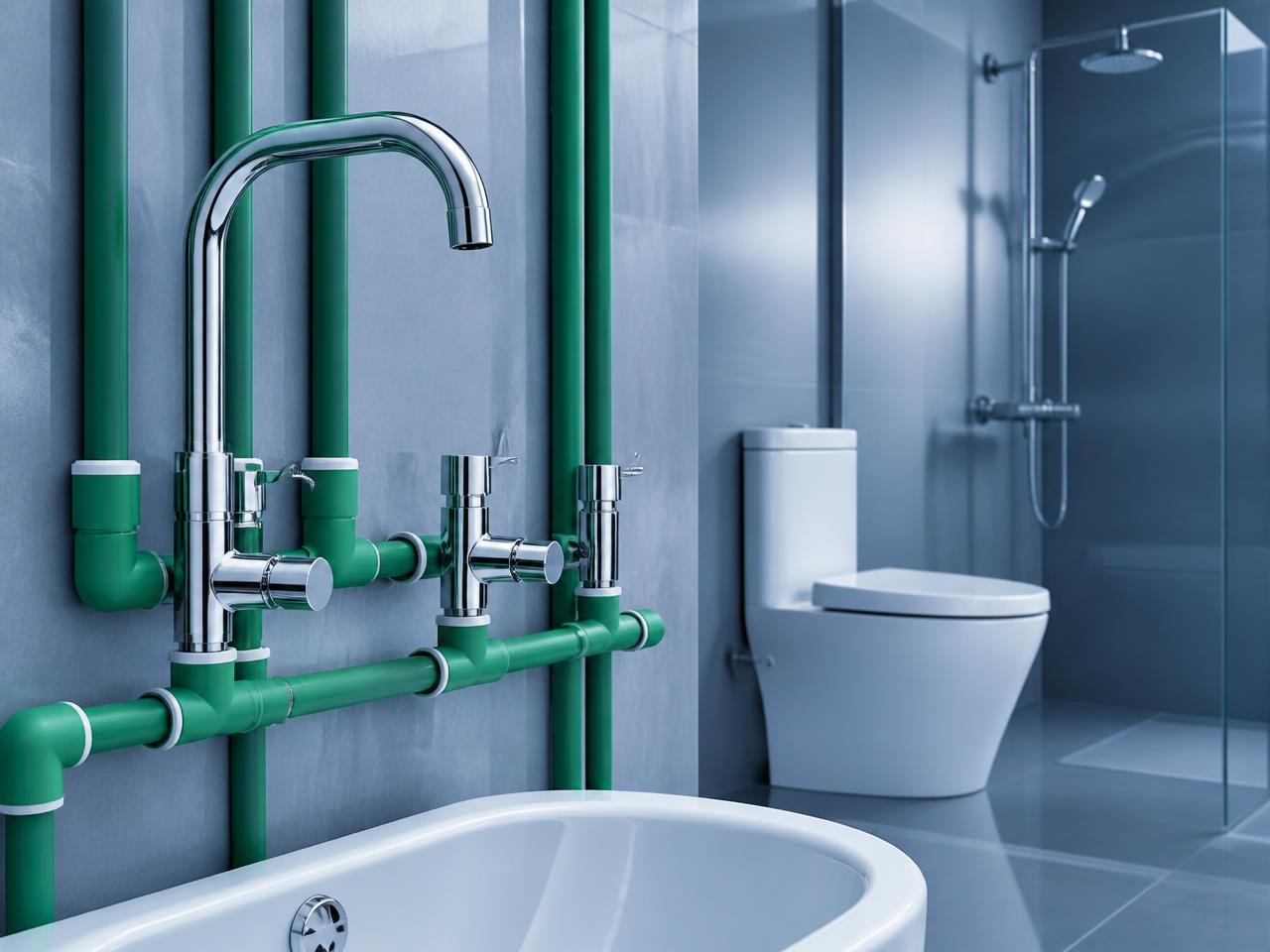 Modern PPR water supply pipes, chrome faucets and sanitary ware