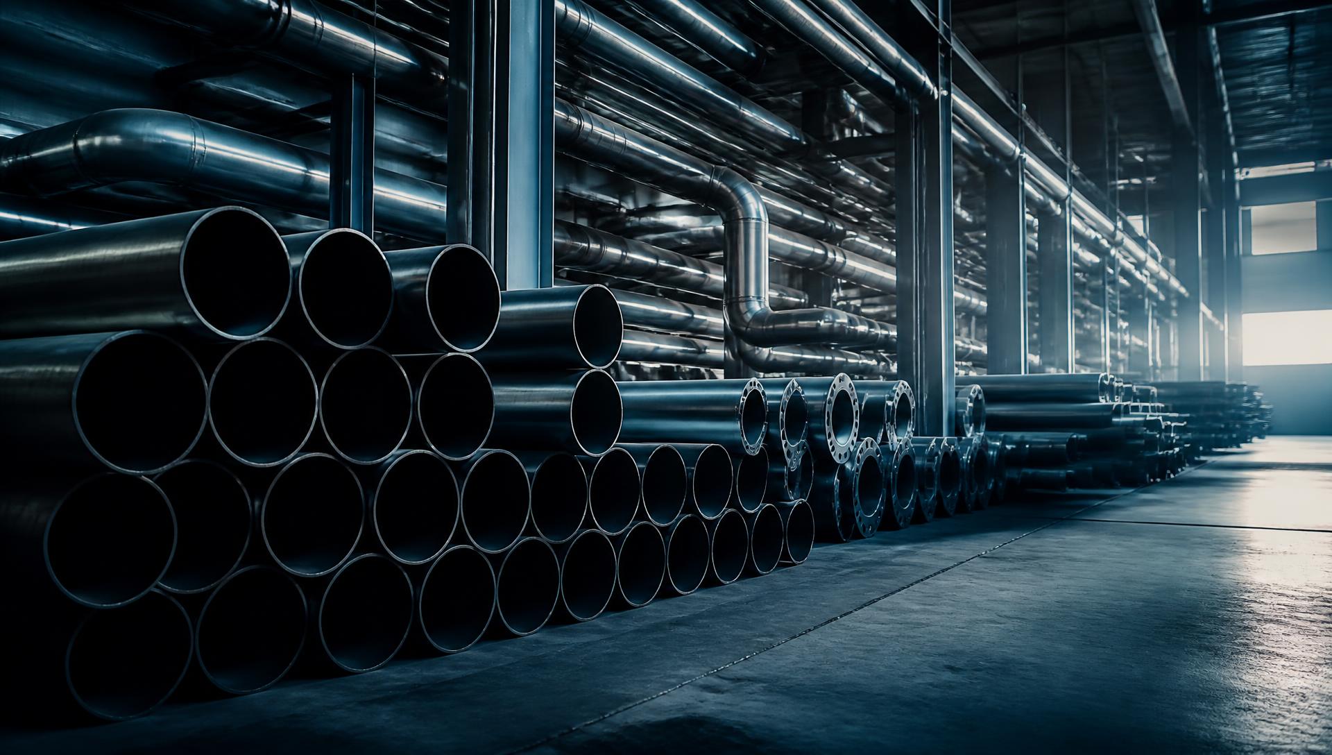 Stacked steel pipes and industrial piping in a supply warehouse